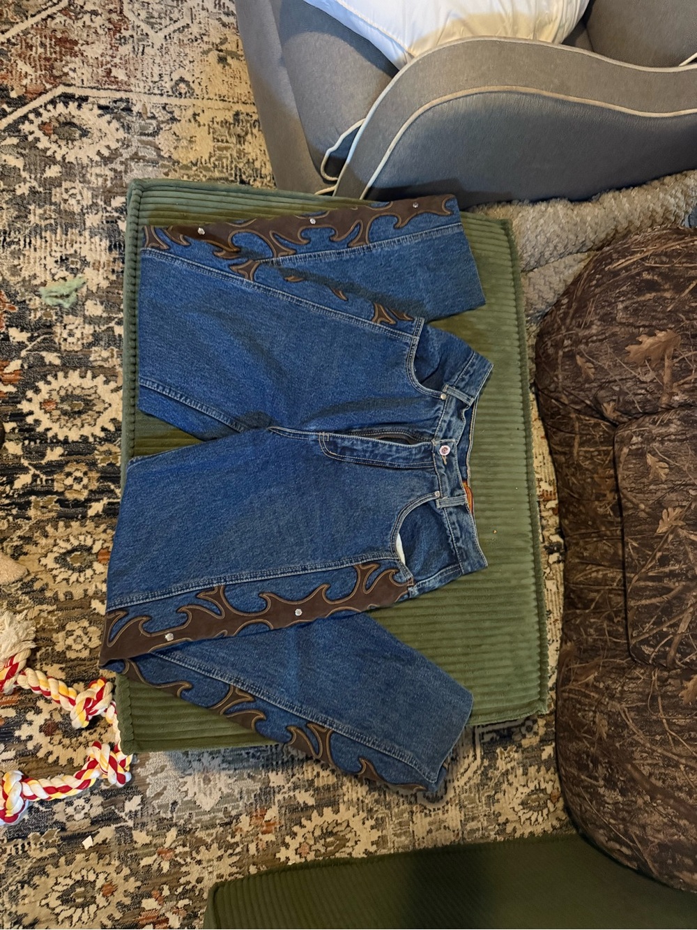 Blue Denim Boot-Cut Jeans with Brown Flame Trim